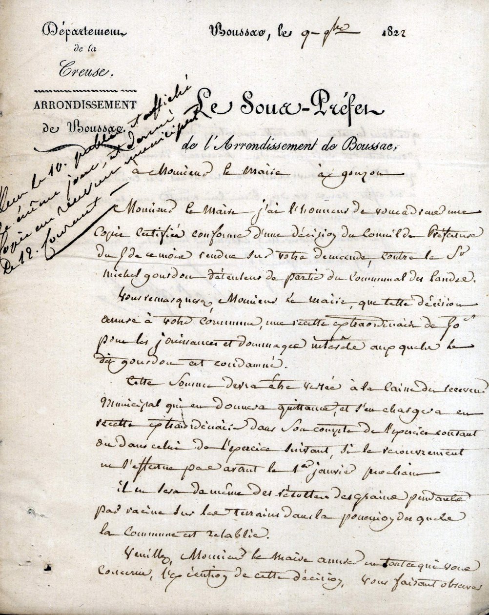 Brief des Unterpräfekten der Creuse (Arrondissement von Boussac) an den Bürgermeister von Gouzon, 9. September 1822 von Unknown artist