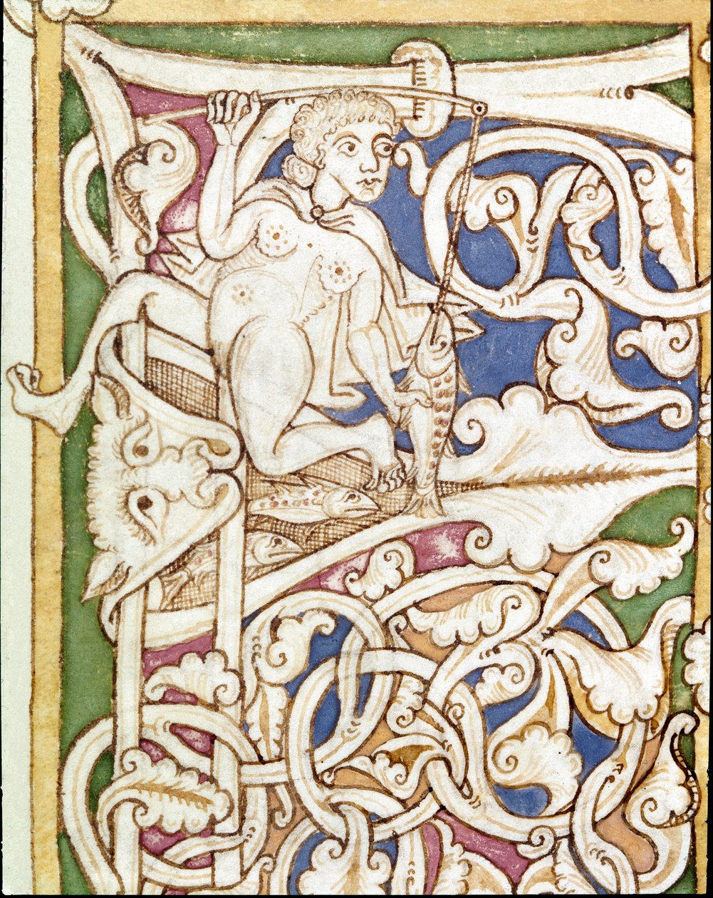 Lettrine P dekoriert mit der Darstellung einer Frau, die einen Fisch angelt. Miniatur aus einer Bibel (Altes Testament) von Unknown artist