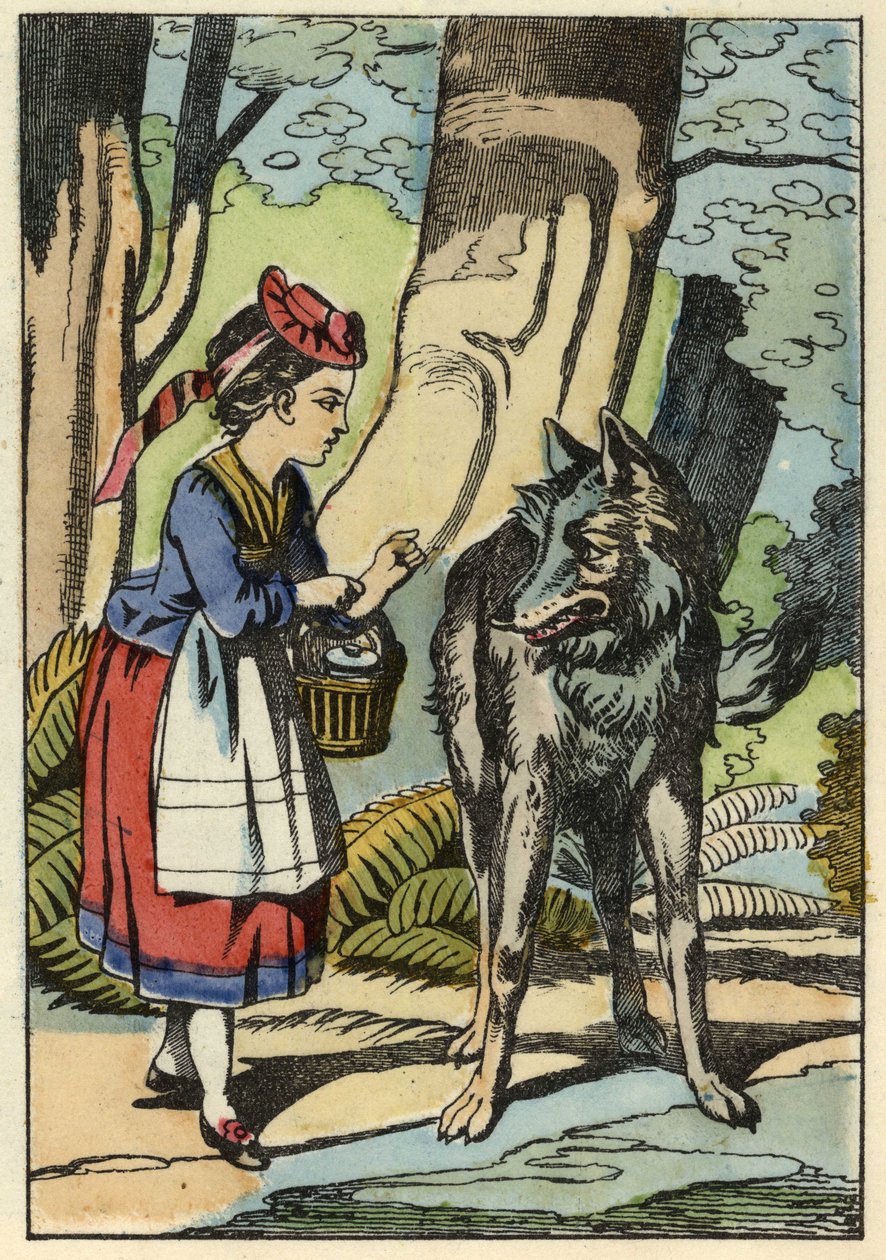 Rotkäppchen trifft den Wolf im Wald. Illustration des Märchens „Rotkäppchen“ von Charles Perrault von Unknown artist