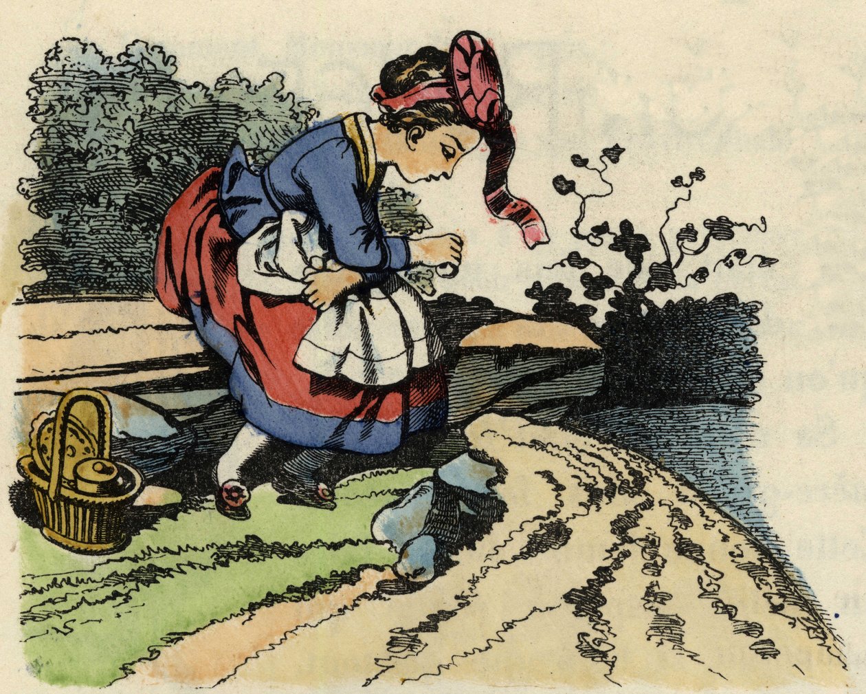 Rotkäppchen ruht sich auf dem Weg aus. Illustration des Märchens „Rotkäppchen“ von Charles Perrault. von Unknown artist