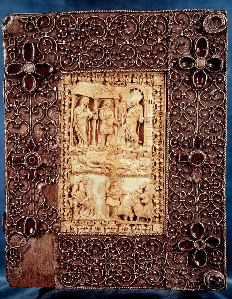 Unteres Gericht des Psalters von Karl dem Kahlen (Karl II.): Elfenbeinminiatur, die zeigt, wie Nathan das Kind tötet, das aus der ehebrecherischen Beziehung des Königs von Israel David und Bathseba stammt von Unknown artist