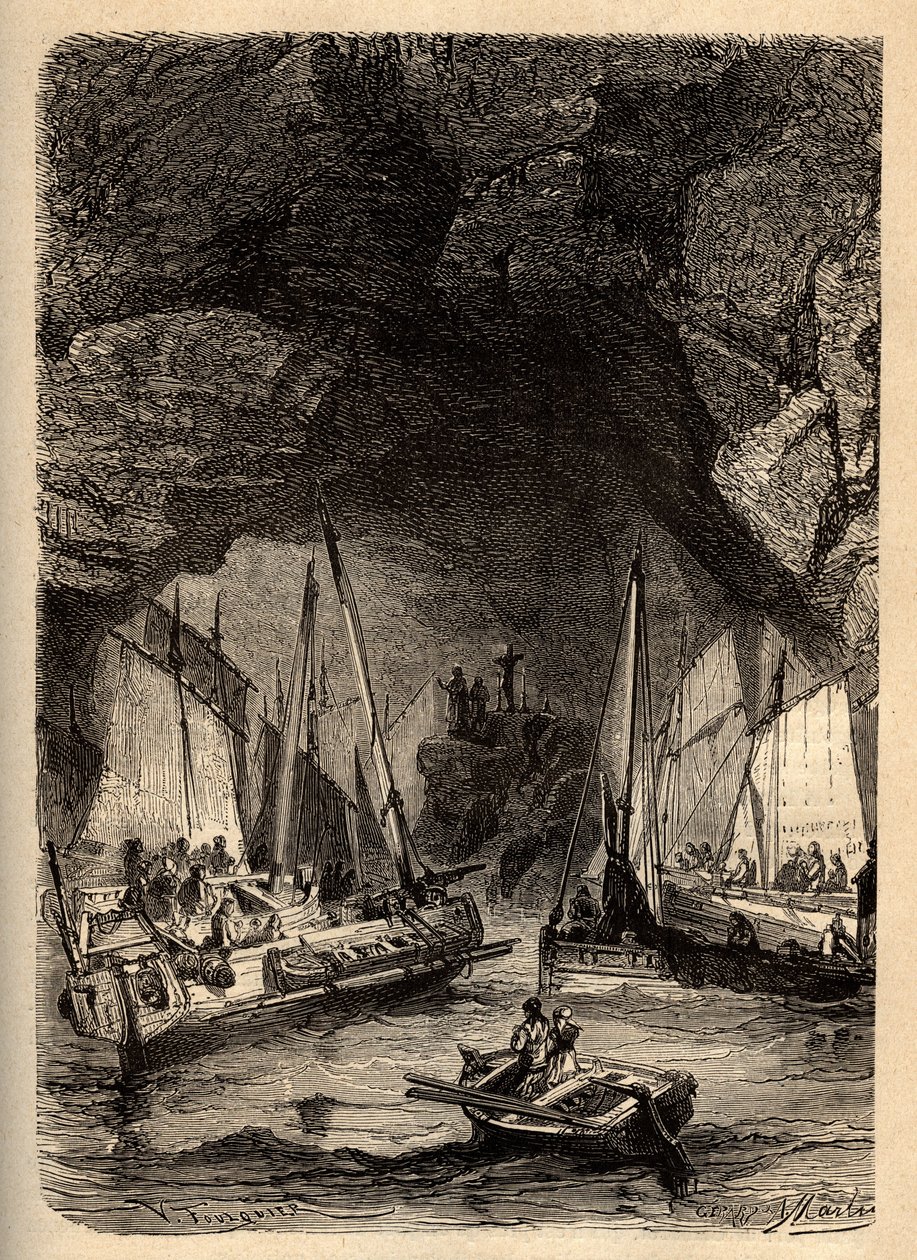 Morgats Höhlen - Meeresgrotten von Morgat - Finistère - Bretagne - Gravur in „PATRIE - Beschreibung der malerischen Frankreich in 6 Bänden“ von Lucien Huard - Ende des 19. Jahrhunderts von Unknown artist