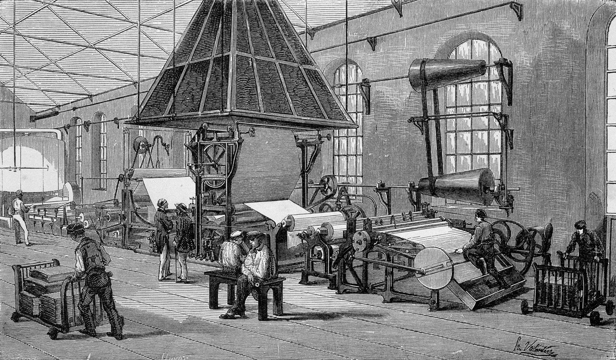Maschine zur Herstellung von Endlospapier. Gravur 19. Jahrhundert von Unknown artist