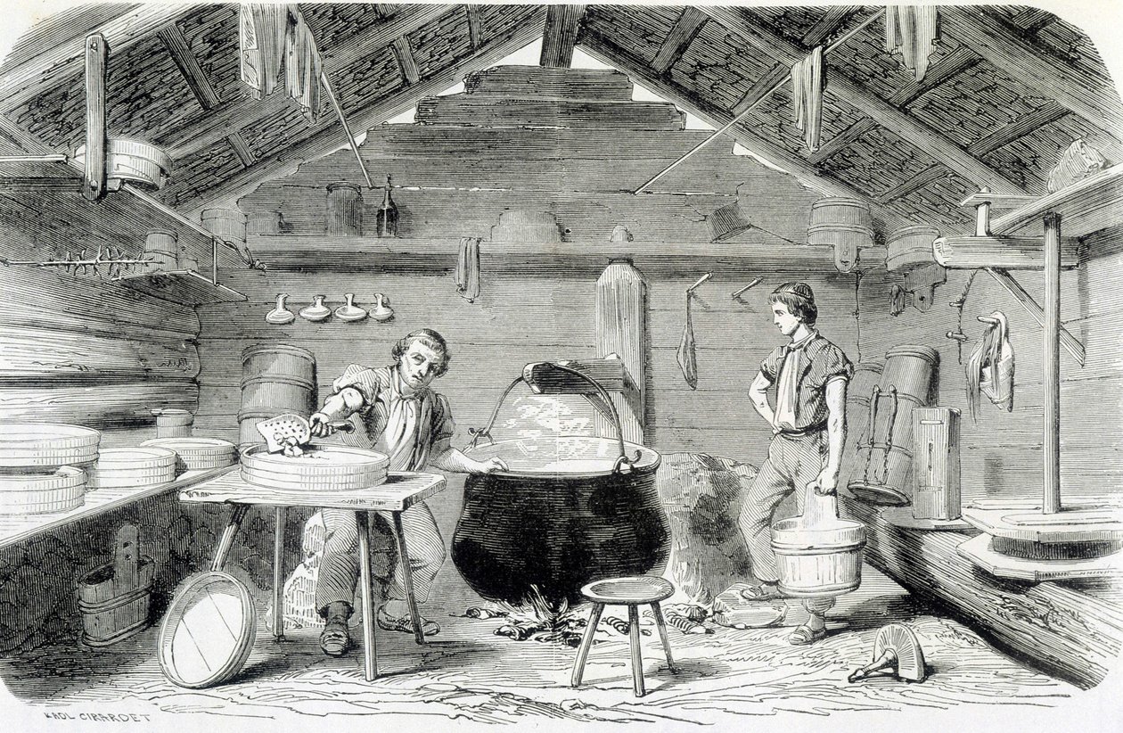 Herstellung von Gruyère-Käse in einem Schweizer Chalet oder einer Käserei in den Alpen - in „Die Wunder der Industrie“ von Louis Figuier von Unknown artist