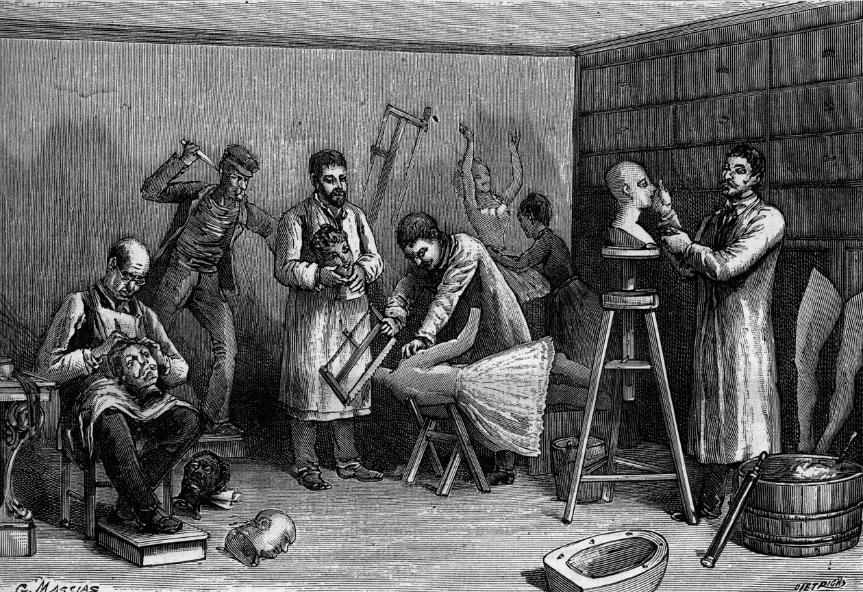Herstellung von Wachspuppen im Musée Grévin, Paris. Gravur in „La Nature: revue des sciences et de leurs applications aux arts et à l