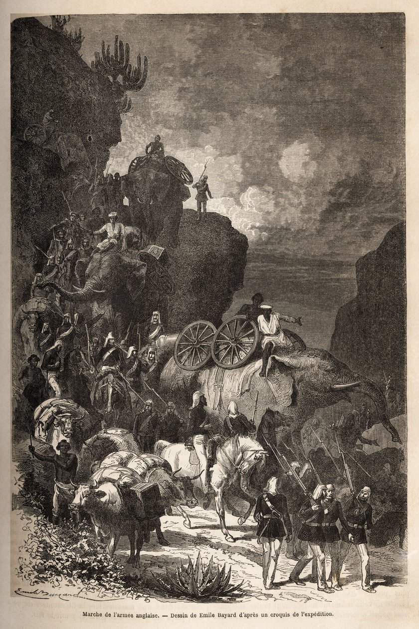 Marsch der englischen Armee zum Dalanta-Plateau, den Truppen von Kaiser Theodoros (ca. 1818-1868) folgend, mit Elefanten für den Transport von Artilleriestücken. Gravur zur Illustration der Geschichte "Les captifs de Theodoros", von Doktor Henry Blanc von Unknown artist