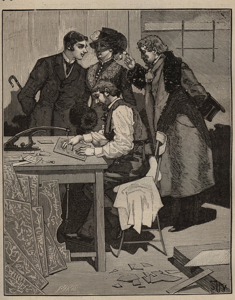Marketerie: Marketerie bei der Arbeit. Gravur von 1885 in „Les arts et métiers illustrés“ von Adolphe Bitard. von Unknown artist