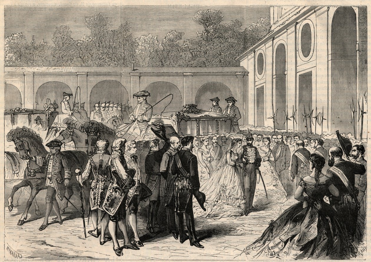 Hochzeit der Infantin Marie-Isabelle von Spanien (1851-1931) und Gaetan de Bourbon-Sicilies (1846-1871), Graf von Agrigento: Ankunft des Zuges an der Königlichen Basilika von Atocha. von Unknown artist