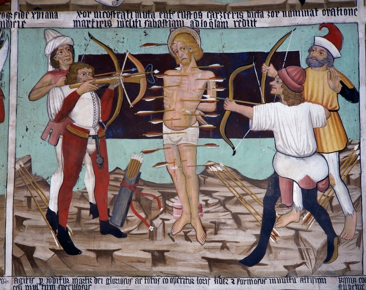 Martyrium des heiligen Sebastian, Leben des heiligen Sebastian (15. Jahrhundert), Fresken, Kapelle des heiligen Sebastian, Villard-de-Lans, Rhone-Alpes, Frankreich von Unknown artist