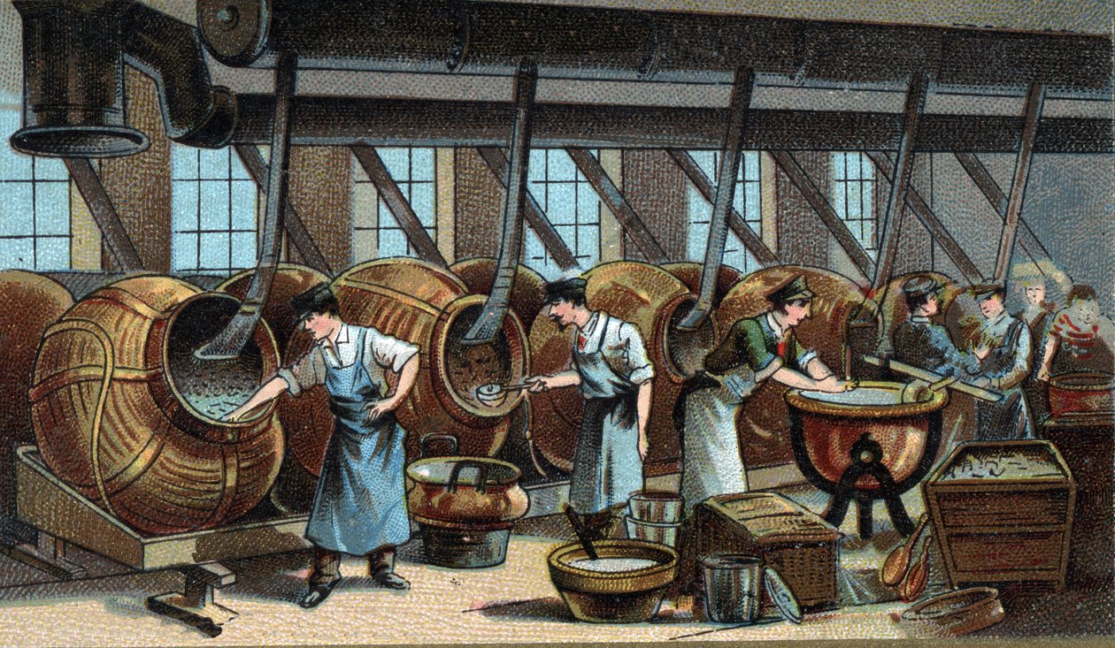 Mechanische Herstellung von Dragees. Chromolithografie aus dem späten 19. Jahrhundert von Unknown artist