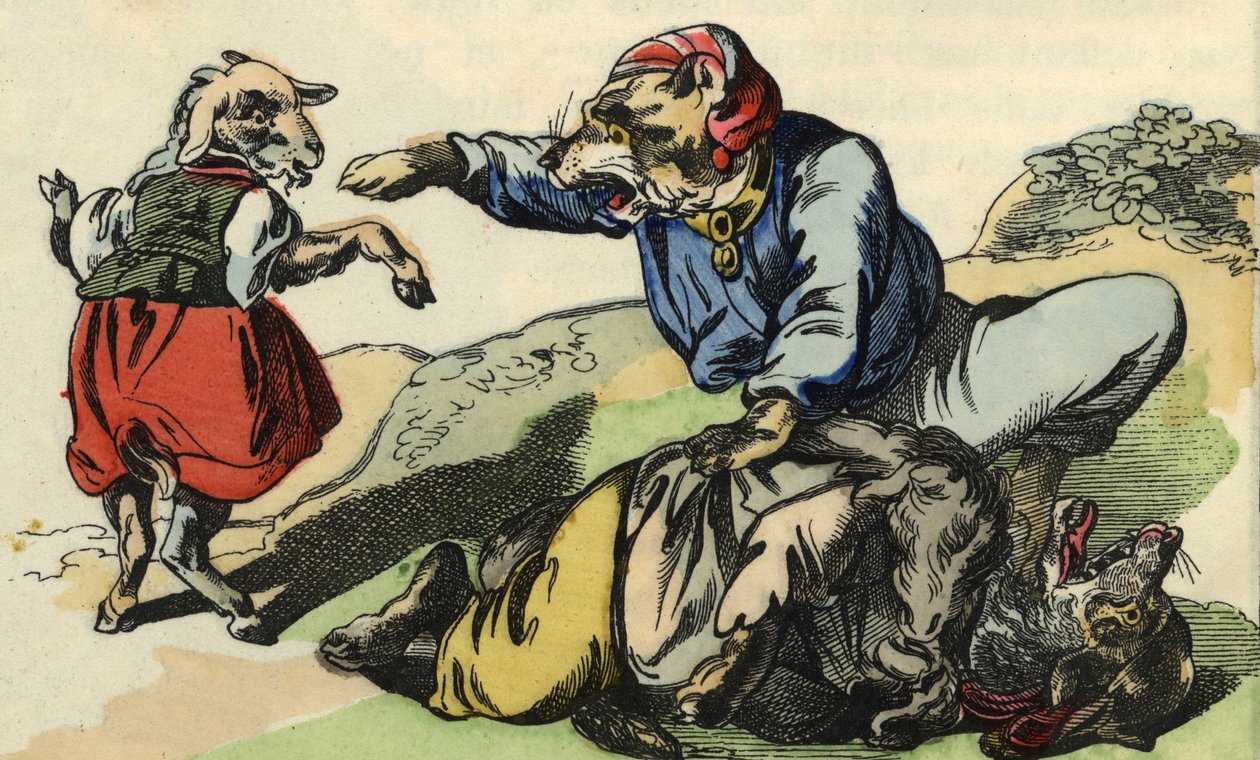 Medor rettet Little Chef vor dem Wolf. Illustration des Märchens „Bon Medor und Little Chevrette“. In „Märchen aus dem Heim für die Kleinen“. Anonyme Gravur des 19. Jahrhunderts. von Unknown artist