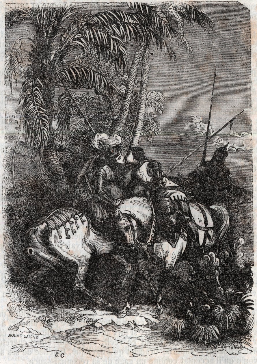 Treffen von Marphise, Astolphe und Sansonnet - Gravur von 1851 aus „Roland furieux“ (Orlando furioso) (16. Jahrhundert) von Ludovico Ariosto, bekannt als der Ariosta - Ausgabe übersetzt aus dem Italienischen von Graf von Tressan und veröffentlicht von Gust von Unknown artist