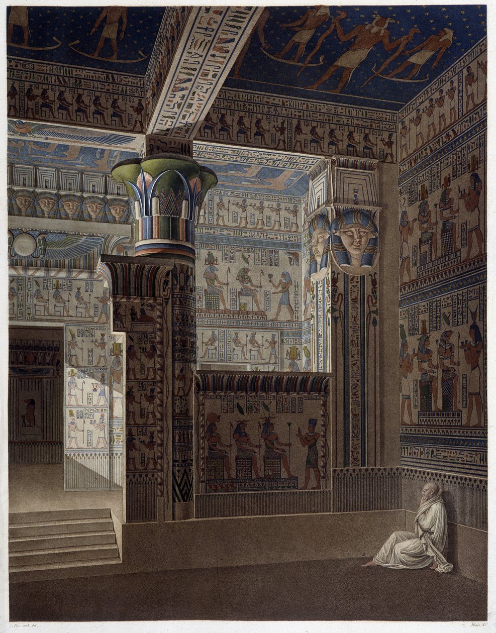Memnonium Theben, Pl. 37: Farbige Innenansicht des Tempels des Westens - in „Ägyptische Altertümer“, sd. 19. Jahrhundert von Unknown artist