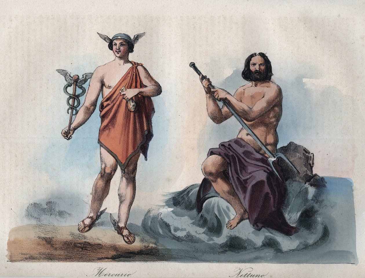 Merkur (Hermes) und Neptun (Poseidon) - Gravur aus „Usi e Costumi di Tutti i Popoli dell