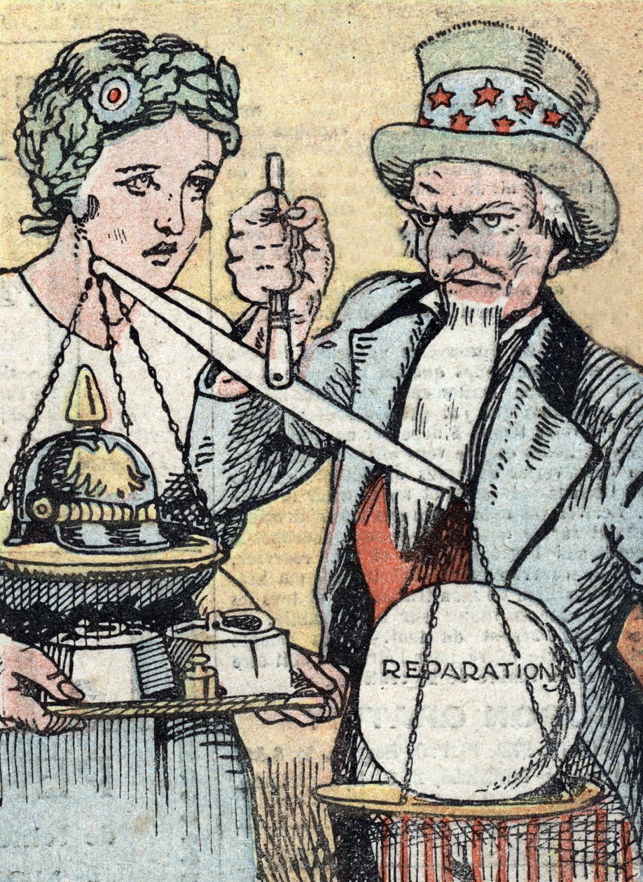 Metrisierung in den Vereinigten Staaten: Plan zur Einführung der Metrisierung dargestellt mit dem französischen Symbol Marianne und Uncle Sam, die versuchen, die Waage der Kriegsausgaben auszugleichen. Illustration aus „Le pèlerin“ März 1921 von Unknown Artist