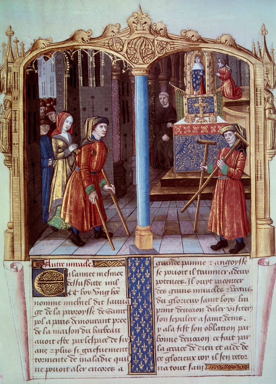 Wunder des Heiligen Ludwig (1214-1270): ein Krieger eines Lahmen mit Krücken. Miniatur in „Leben und Wunder des Heiligen Ludwig“ von Unknown artist