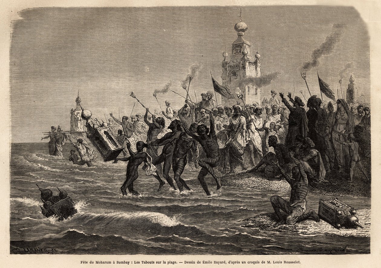 Moharum-Fest, gefeiert zu Beginn des Jahres von der islamischen Gemeinschaft Indiens, nach dem Bau von Taboons, goldenen Papiertempeln, die die Gräber der Imame nachahmen, und nach dem Durchzug durch die Straßen werden die Taboons ins Meer geworfen. Gravur von Unknown artist