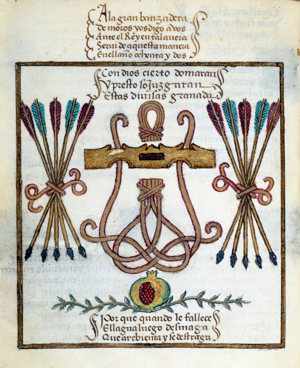 Motto der katholischen Könige. Emblem der katholischen Könige. Miniatur in „Devocionario de la Reyna Da Juana a Quien Llamaron la Loca“ von Pedro Marcuello von Unknown artist