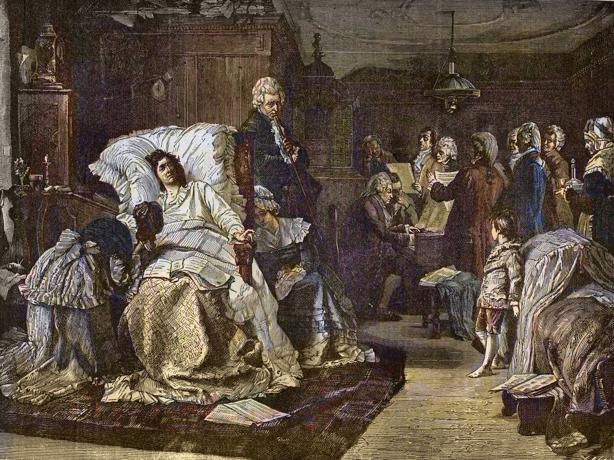 Mozarts letzte Tage nach dem Gemälde von Hermann Kaulbach (1846-1909) - Gli ultimi momenti di Mozart - letzter Tag von Wolfgang Amadeus Mozart - Gravur in „Populäre Musik“ illustriertes Wochenblatt - 1882 von Unknown artist