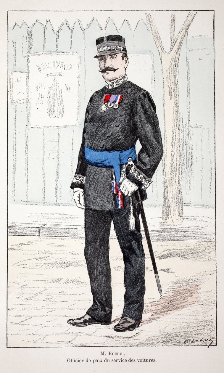 Herr Roudil, Friedensoffizier des Autodienstes. Farbradierung zur Illustration des Buches 