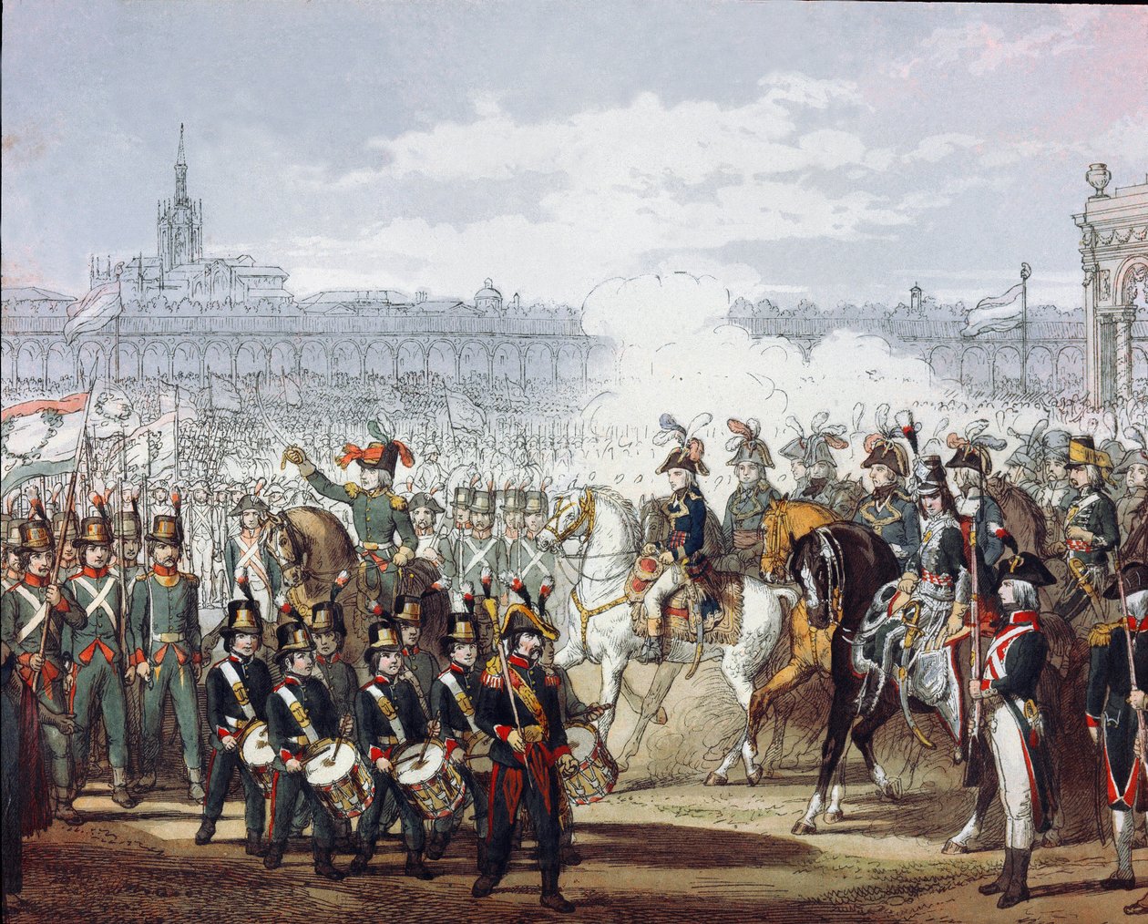 Napoleon Bonaparte (1769-1821) inspiziert die lombardische und cispadanische Legion der Miliz am 09.07.1797. Aquarellgravur. Mailand, Museo del Risorgimento von Unknown artist