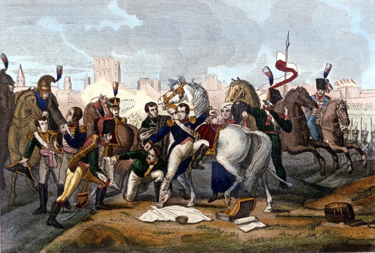 Napoleon I. verwundet vor Regensburg am 23. April 1809. Gravur des 19. Jahrhunderts von Unknown artist