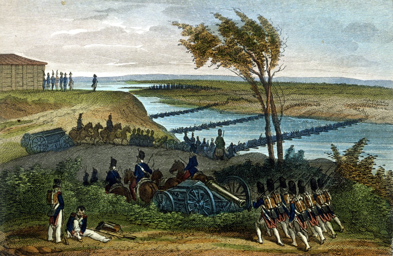 Napoleonische Kriege: Russlandfeldzug. Überquerung des Flusses Niemen (Dnjemen) am 24.06.1812, der die beiden Reiche trennt. Gravur aus dem 19. Jahrhundert von Unknown artist