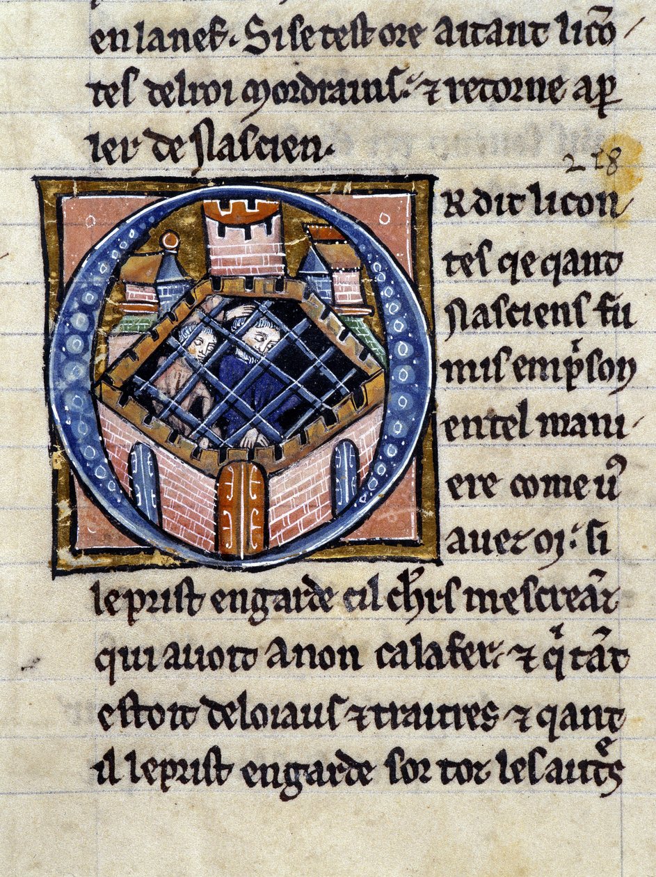 Nascion im Gefängnis. Manuskript: Eroberung des Heiligen Grals, geschrieben 717 Jahre nach der Passion unseres Herrn. Bibliothèque municipale de Rennes, ms. 255 (Sammlung von Romanen der Tafelrunde); Paris von Unknown artist