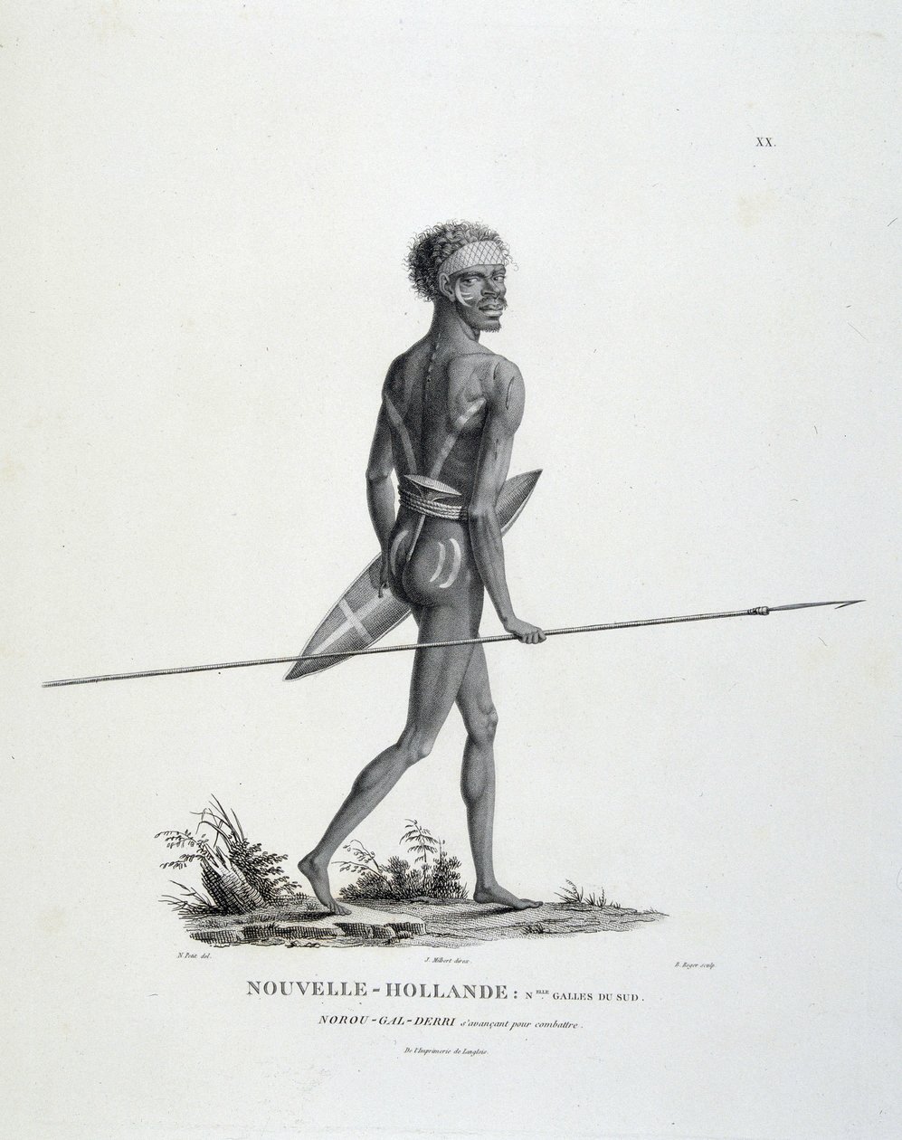 Einheimischer Nord-Gal-Derri von New South Wales von New Holland geht zum Kampf über - in „Reise der Entdeckungen zu den südlichen Ländern“ von Messrs. Lesueur und Peer von Unknown artist