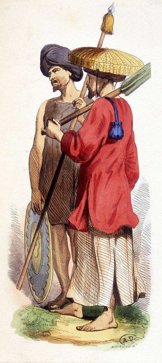 Einheimischer (vietnamesischer Ureinwohner) und cochinesischer Soldat. Vietnam um 1840. von Unknown artist