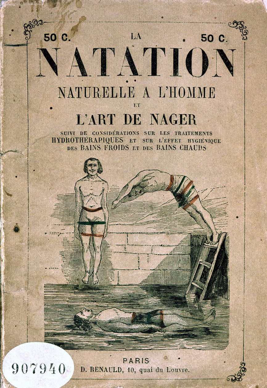 Natürliches Schwimmen mit Mann und die Kunst des Schwimmens, und Überlegungen zu Hydrotherapie-Behandlungen und der hygienischen Wirkung von kalten und heißen Bädern - Frontispiz, spätes 19. Jahrhundert von Unknown artist