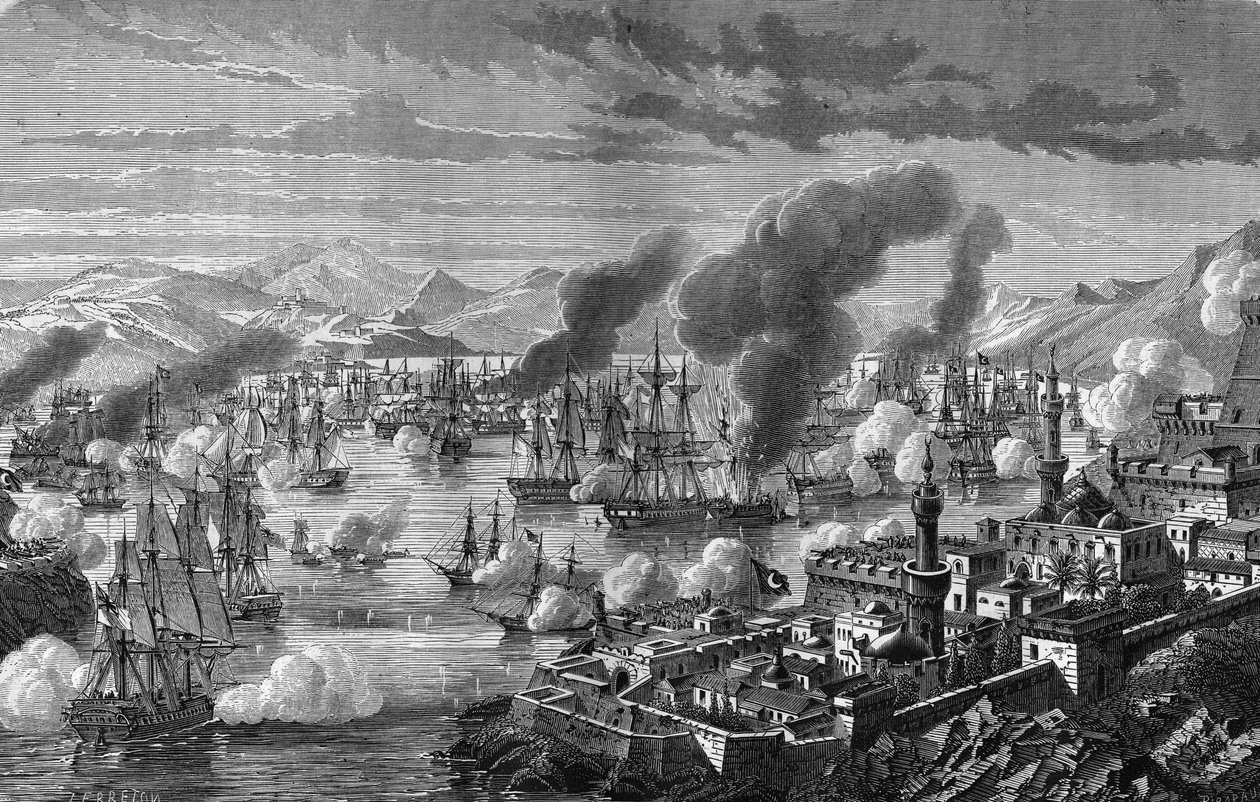 Schlacht von Navarin der Dreierallianz gegen die türkisch-ägyptische Flotte am 28. Oktober von Unknown artist