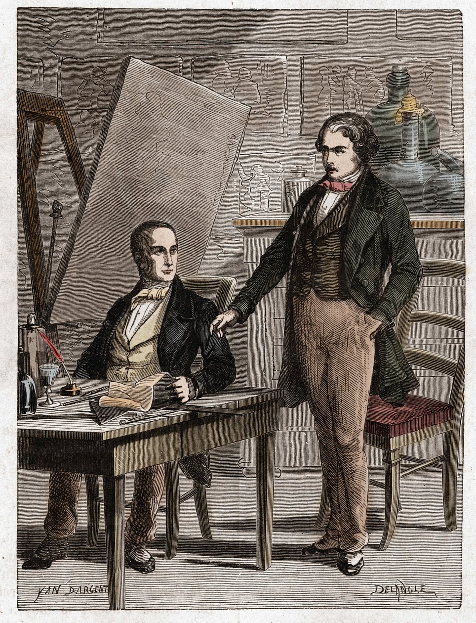 Niepce liest Louis Daguerre die Beschreibung der Heliografie vor, zur Fixierung von Bildern aus der Camera Obscura - Nicephore Niepce (1765-1833), französischer Erfinder, Pionier der Fotografie, liest Daguerre die Beschreibung seiner Methode zur Fixierung  von Unknown artist