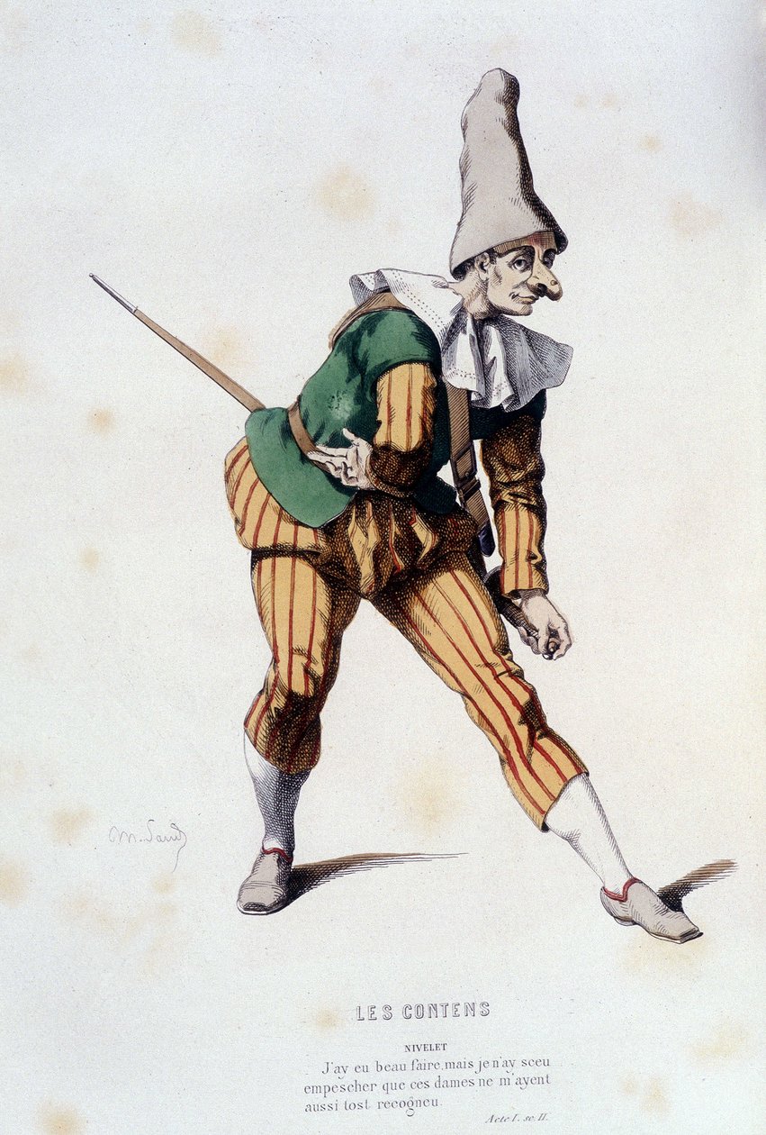 Nivelet in „Die Zufriedenen“ (von Odet de Turnèbe 1584), in „Das französische Theater im 16. und 17. Jahrhundert vor Molière“ von Edouard Fournier. von Unknown artist