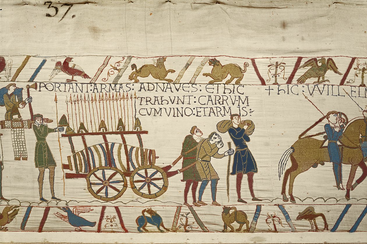Normannen ziehen einen Wagen mit Wein und Waffen, Teppich von Bayeux (Wollstickerei auf Leinen) von Unknown artist