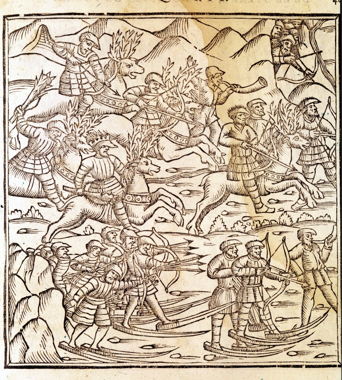 Norwegische Jäger auf Skiern und Rentieren. Gravur von Olaus Magnus (1490 - 1557), schwedischer Geistlicher und Geograph, „Historia de Gentis Septentrionalibus“, Venedig von Unknown artist