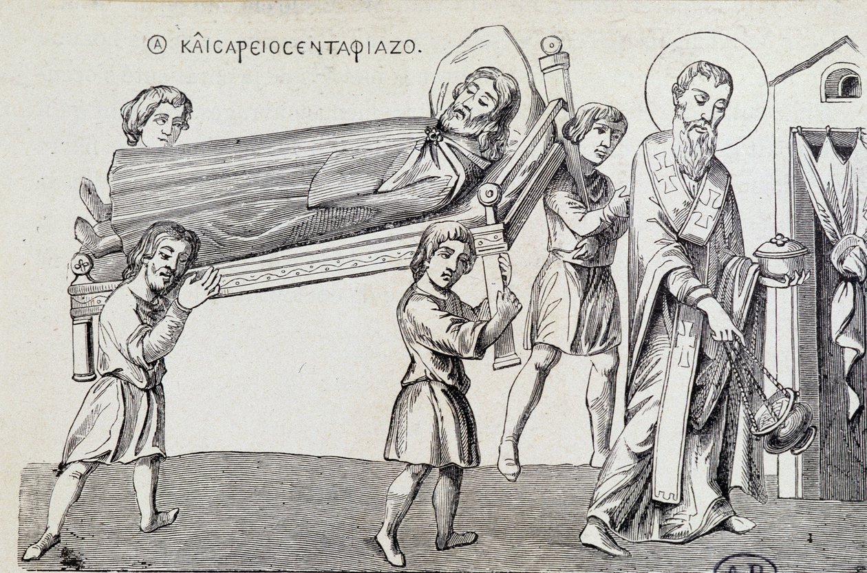 Begräbnis von Saint Cesaire durch seinen Bruder Saint Gregoire, aus einem griechischen Dokument des 9. Jahrhunderts von Unknown artist