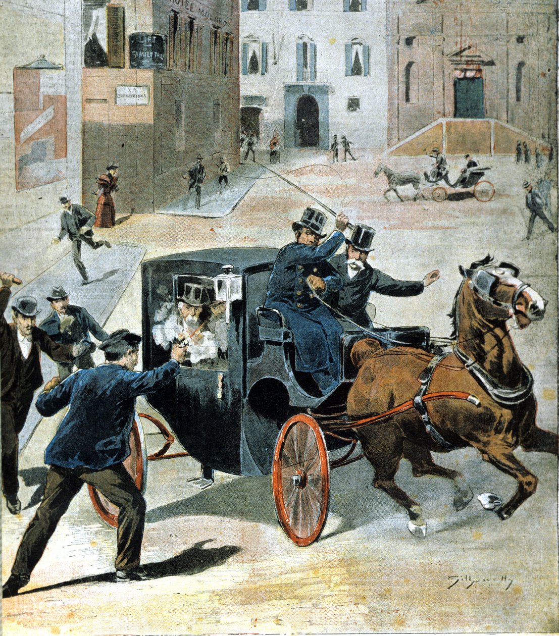 Am 16. Juni 1894 feuerte der Anarchist Paolo Lega in Rom eine Pistole auf Francesco Crispi, Präsident des italienischen Rates. Illustration der Zeit. von Unknown artist
