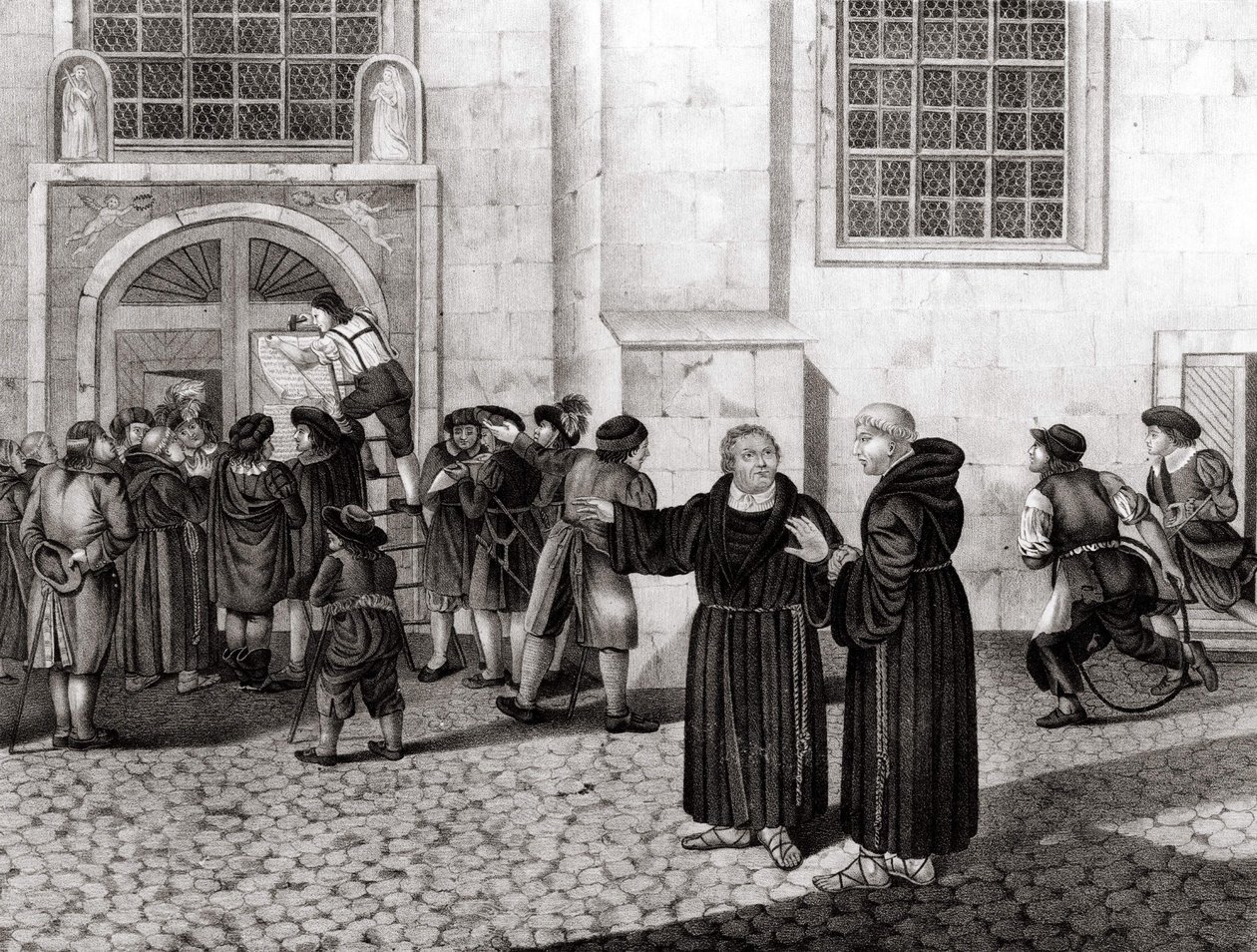 Am 31/10/1517 schlug Luther seine 95 Thesen an die Tore des Wittenberger Schlosses, die den Ablasshandel anprangerten und den Beginn der Reformation markierten - Gravur von Unknown artist