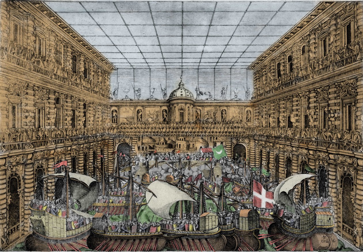 Orazio Scarabelli, Seeschlacht (Naumachie) im Hof des Palazzo Pitti in Florenz (Königspalast der Medici-Familie, Großherzöge der Toskana) von Unknown artist