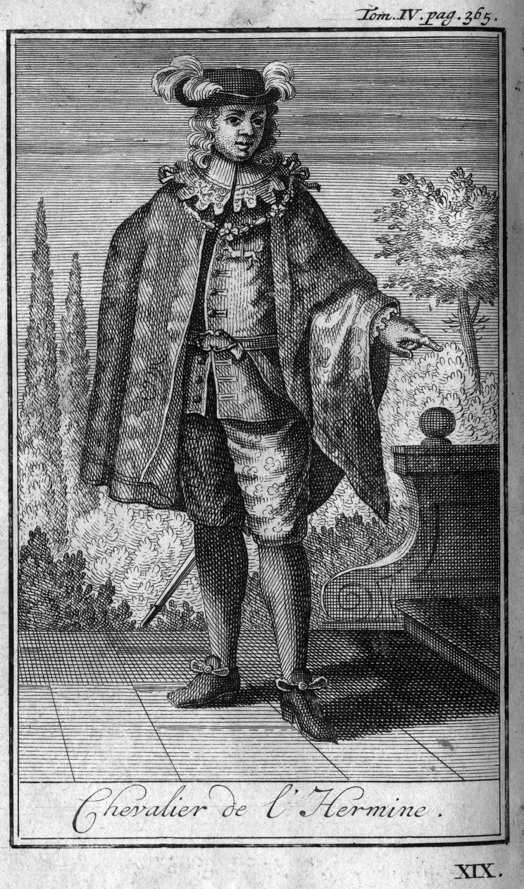 Ritterorden. Ritter von Herminei in der Bretagne im 14. Jahrhundert. In „Geschichte der militärischen Orden oder Ritter, der sicheren und routinemäßigen Milizen beider Geschlechter, die bisher gegründet wurden“. Ausgabe von Abbe Giustiniani, R.P.Bonani von Unknown artist
