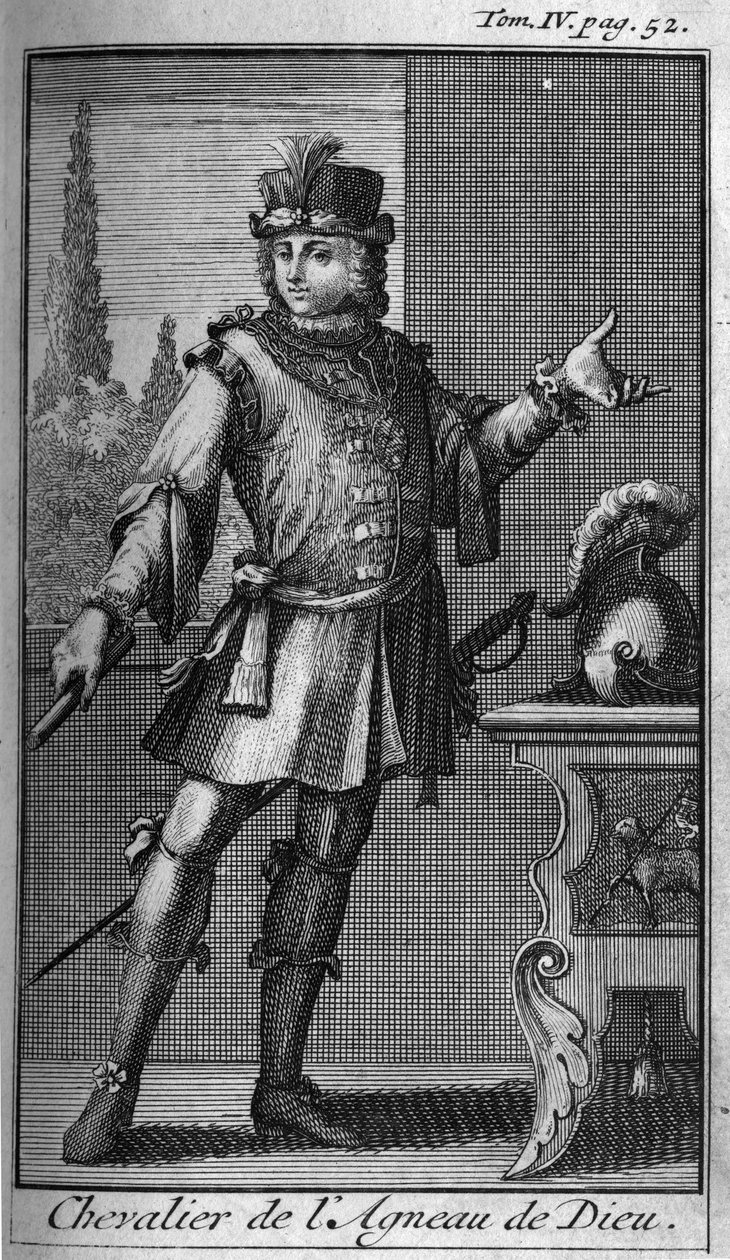 Ritterorden. Ritter des Lammes Gottes. In „Geschichte der militärischen Orden oder Ritter, der weltlichen und regulären Milizen beider Geschlechter, die bisher gegründet wurden. Ausgabe von Abbe Giustiniani, R.P.Bonani, M. Herman, Schoonebeek, R.P.H von Unknown artist
