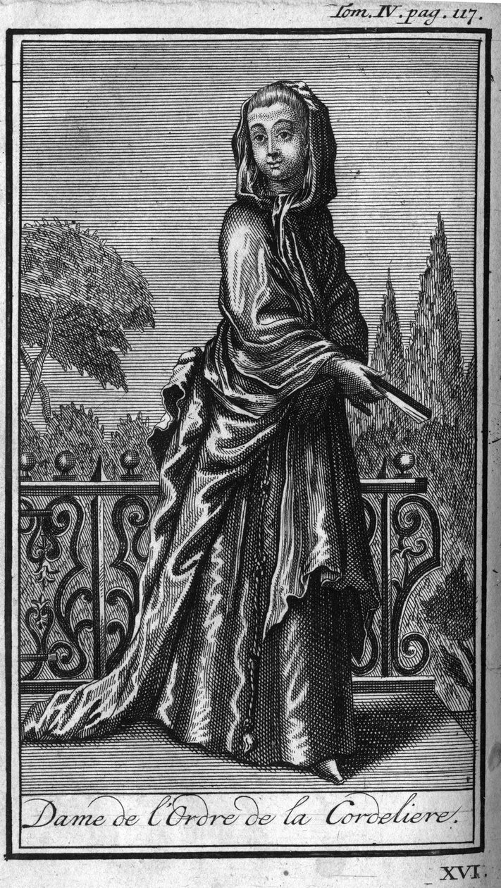 Ritterorden. Dame des Ordens der Cordeliere. In "Geschichte der militärischen Orden oder Ritter, der sicheren und routinemäßigen Milizen beider Geschlechter, die bisher gegründet wurden. Ausgabe von Abbe Giustiniani, R.P. Bonani, M. Herman, Schoonebeek, R. von Unknown artist