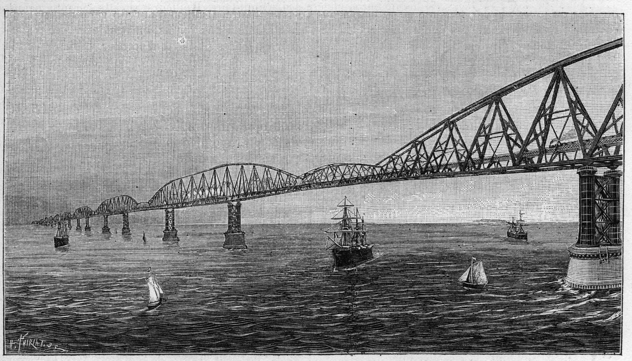 Übersicht über die Brücke über den Ärmelkanal, Projekt einer Brücke, die Frankreich mit England verbindet. Gravur in „La Nature. Revue des sciences et de ses applications aux arts et à l