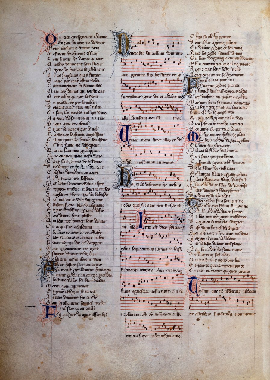 Seite mit Liedern, Texten und Musik, Miniatur aus „Le roman de Fauvel“ von Gervais de Bus von Unknown artist