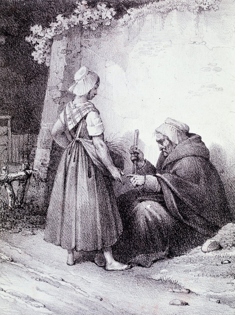 Wahrsagerei: Eine alte Wahrsagerin liest die Hand eines jungen Mädchens (Gravur) von Unknown artist