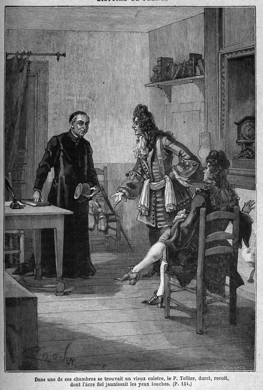 Paris, Jesuitenkonvent (heute Collège Charlemagne): Pater Michel Le Tellier (1643-1719), Jesuitenbeichtvater des Königs von Frankreich Ludwig XIV. Gravur des 19. Jahrhunderts. In „Histoire de France“ von Jules Michelet. von Unknown artist