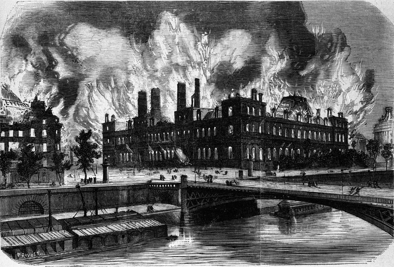 Paris, die Kommune. Brand des Hôtel de Ville am 24. Mai 1871. Gravur des 19. Jahrhunderts. von Unknown artist