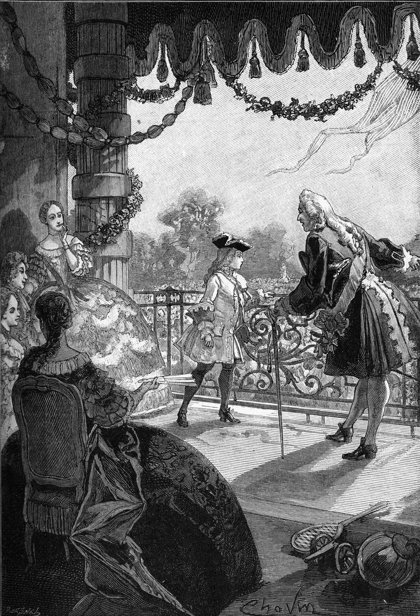 Paris, die Tuilerien (1721): König von Frankreich Ludwig XV. (1710 - 1774) zeigt sich auf dem Balkon der Tuilerien. Gravur des 19. Jahrhunderts. In „Histoire de France“ von Jules Michelet von Unknown artist