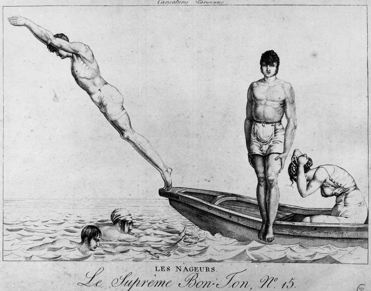 Pariser Karikatur: Schwimmer, Männer tauchen von einem Boot - der höchste Bon-Ton, Nr. 15, Musée Carnavalet von Unknown artist